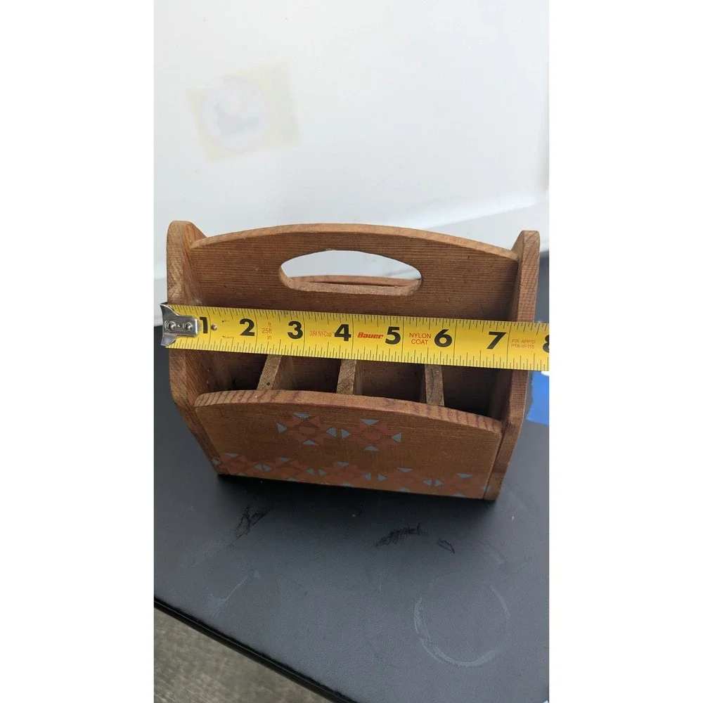 Vintage Rustic Wooden Caddy Organizer Stenciled Heart Folk Art Mail Sorter